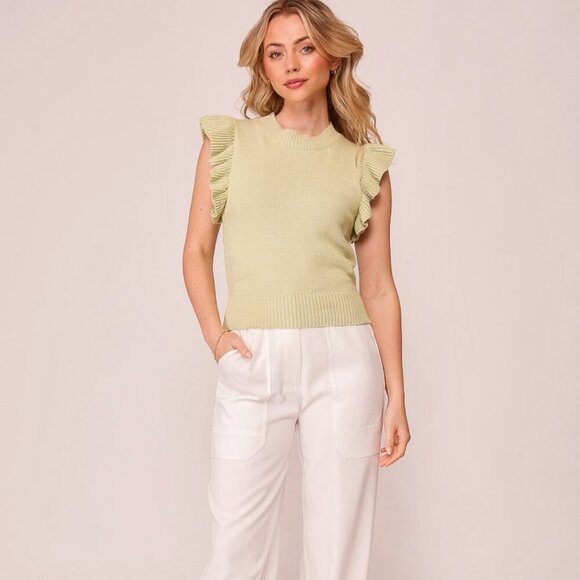 LUMIERE Ruffle Sleeve Knit Tank Top, Light Green Sage, Feminine Chic Sweater - Picture 2 of 5